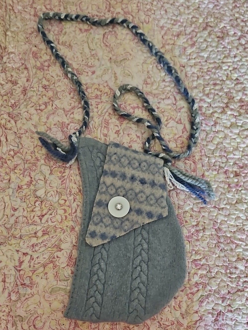 Handmade Blue Knit Crossbody Bag with Patterned Flap